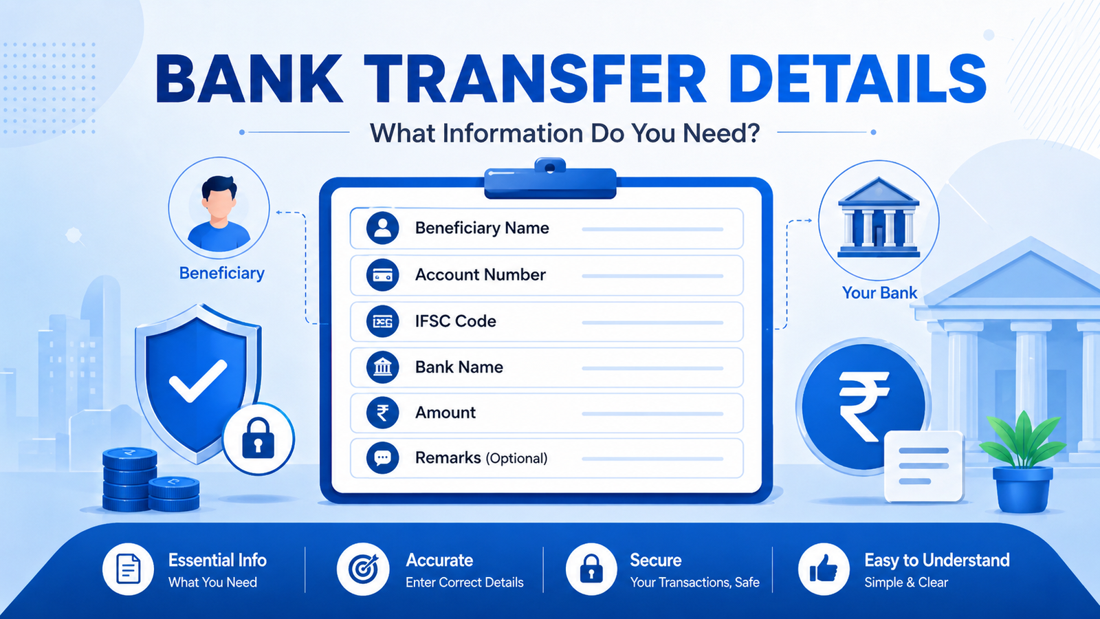 Details required for bank transfer in India including account number and IFSC code