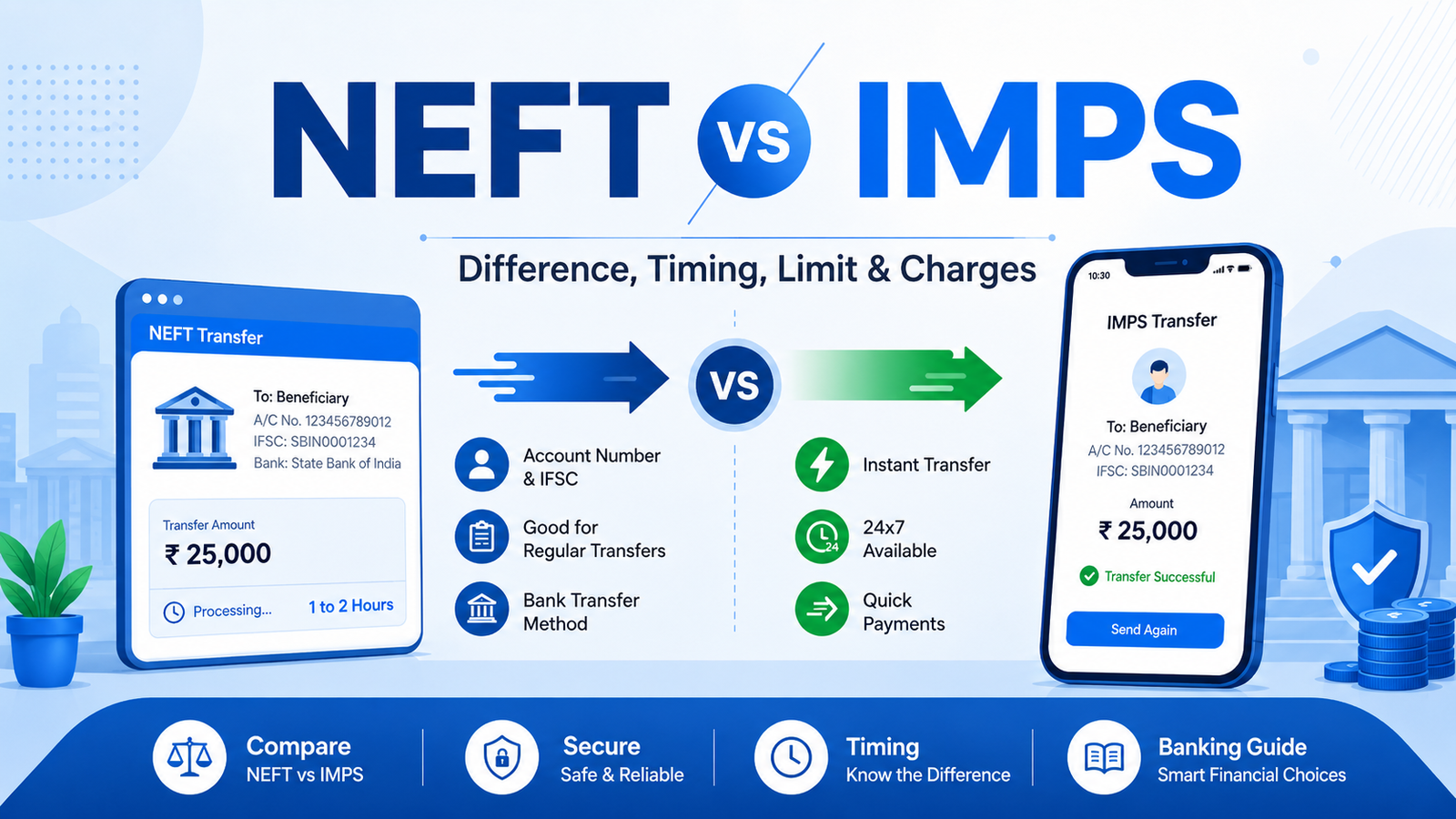 NEFT vs IMPS difference timing limit and charges